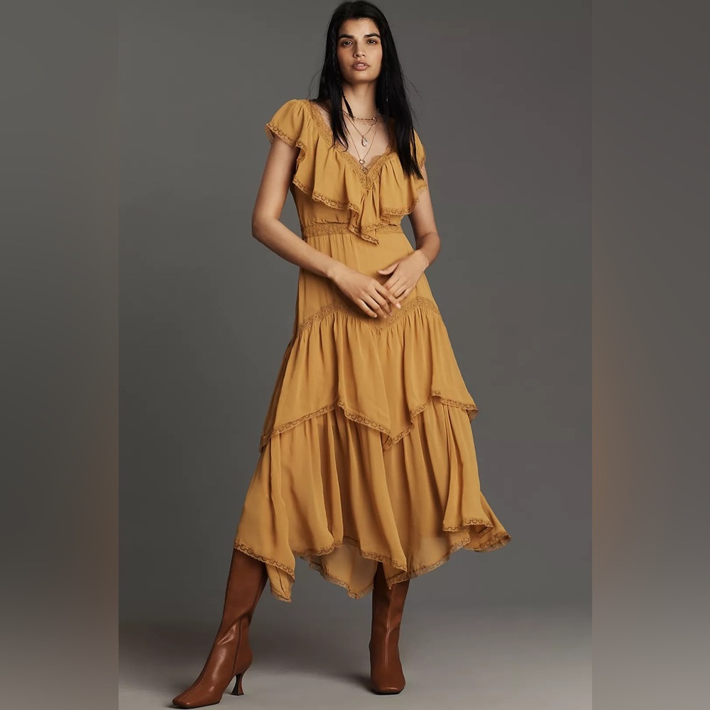 Anthropologie By Anthropologie Short-Sleeve V-Neck Ruffle Midi Dress